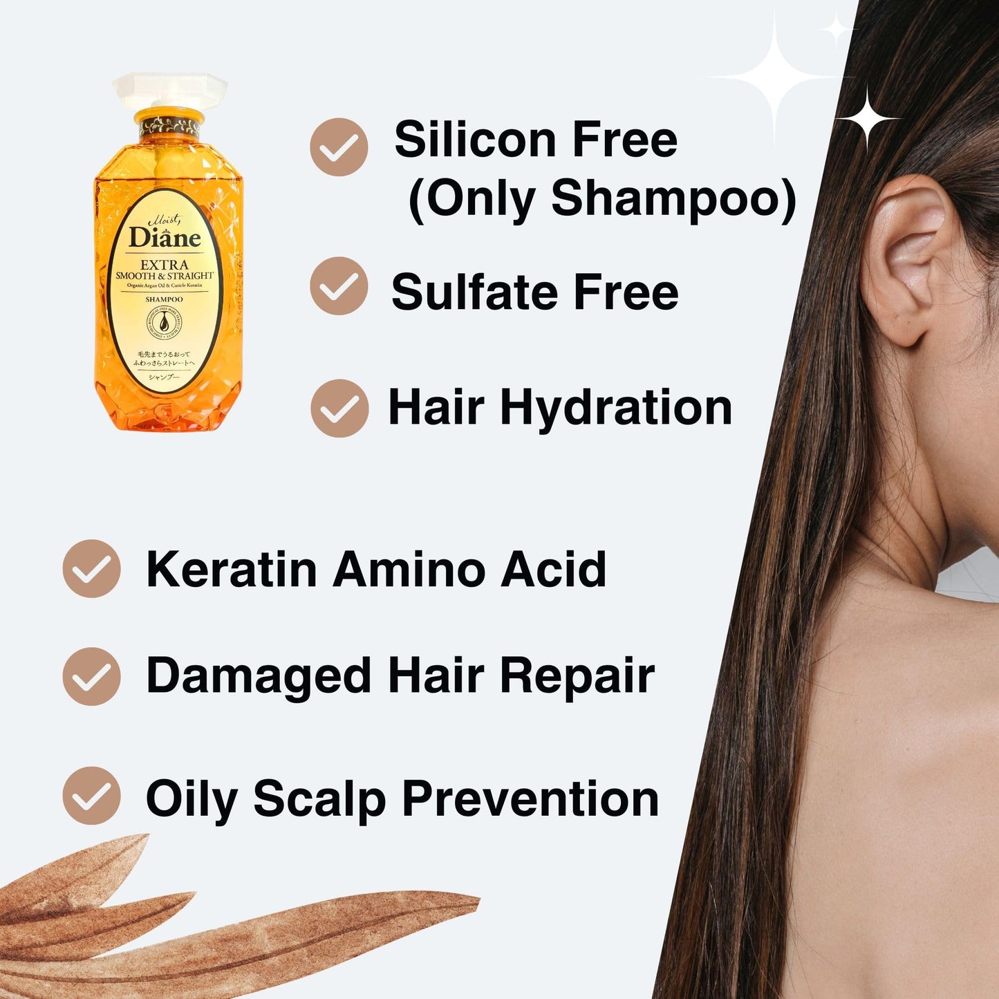 Moist Diane Argan Oil Shampoo for Women, Anti Frizz Shampoo for Men by Keratin, Rice Protein, Collagen, Hyaluronic Acid & Ceramides in Japan, Paraben & Sulfate Free 15.2 Fl Oz SMOOTH& STRAIGHT 3 Count