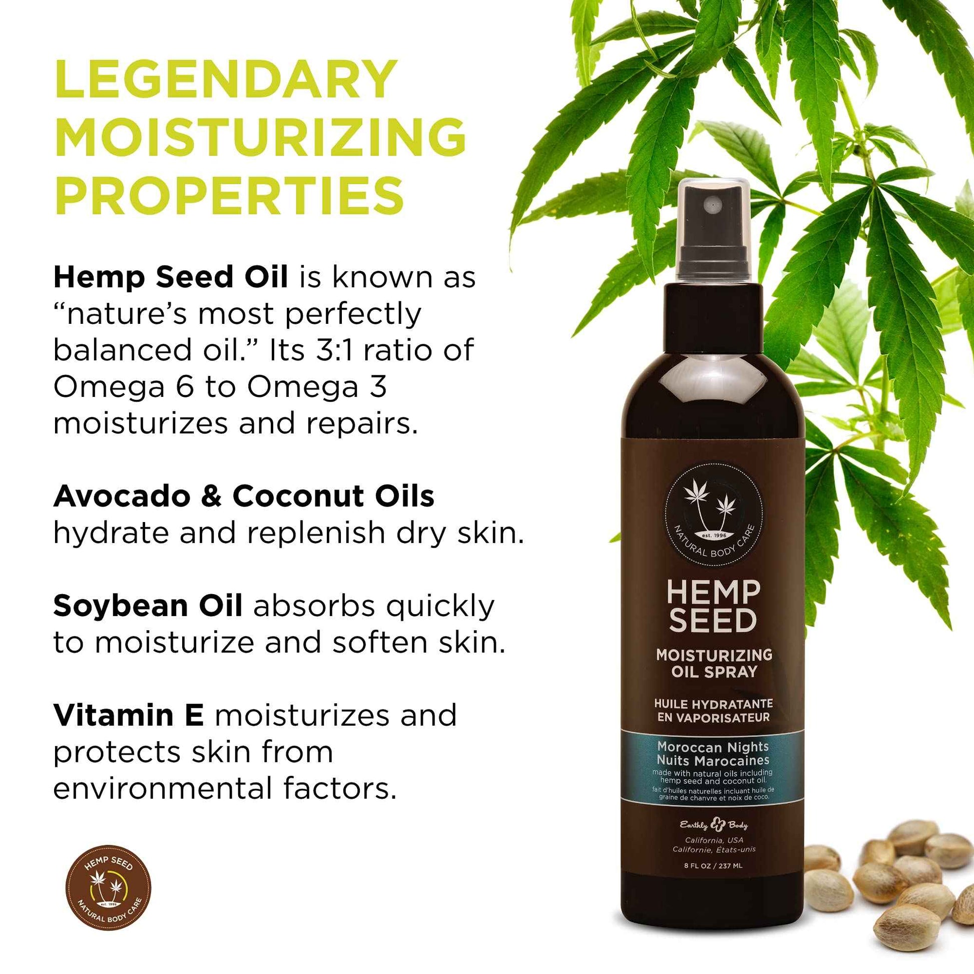 Hemp Seed Moisturizing Oil Spray, Moroccan Nights - 8 oz - Smooth, Moisturize & Protect Skin - With Vitamin E + Hemp Seed, Coconut & Avocado Oils - Vegan, Cruelty Free