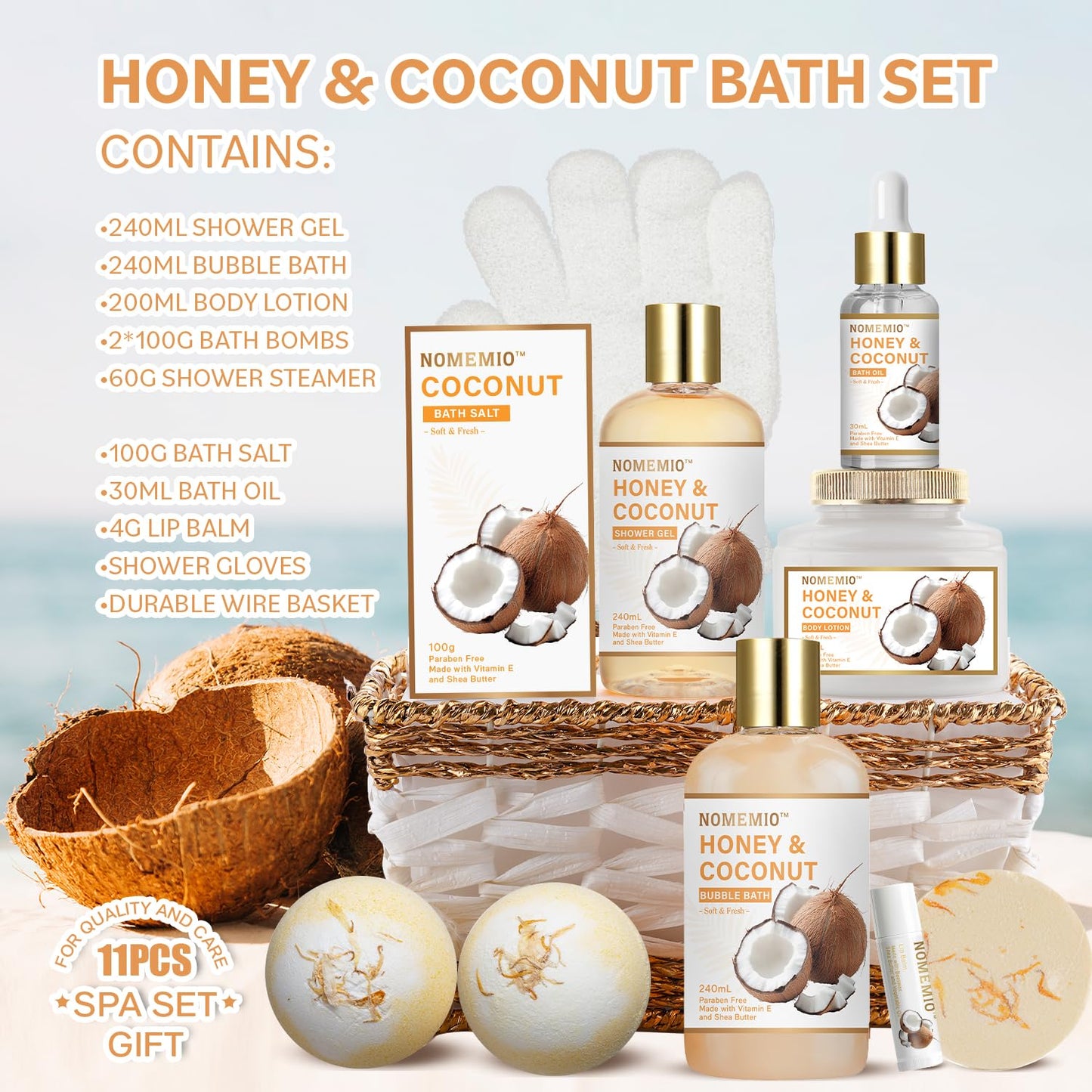 Valentine's Day Spa Gift Basket - 11pcs Honey & Coconut Luxury Bath Set | Perfect Beauty Gifts for Women & Moms