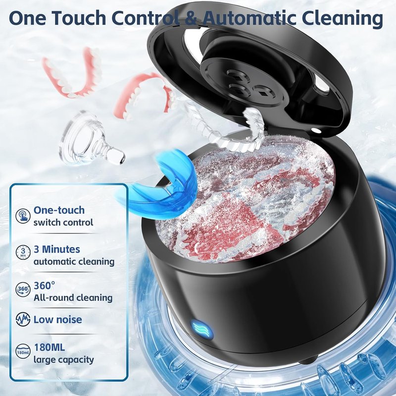 Ultrasonic Retainer Cleaner Machine - 42kHz for Dentures, Aligners & Jewelry | Black