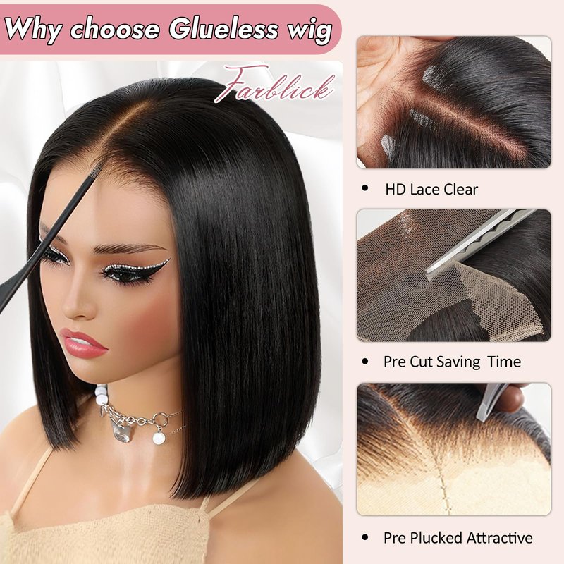 Farblick Bob Wig Human Hair 10 Inch Glueless Wigs Human Hair Pre Plucked Pre Cut 6×4 HD Lace Front Wigs for Women 180% Density Short Straight Wig Ready to Wear