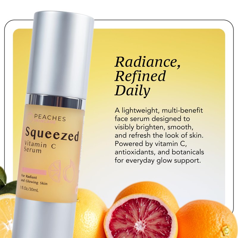Peaches Skin Care Squeezed Vitamin C Serum with Kakadu Plum, Gold and CoQ10 – Lightweight Hydrating Formula for Radiant-Looking Complexion – Vegan Skincare for Women, 1 fl oz