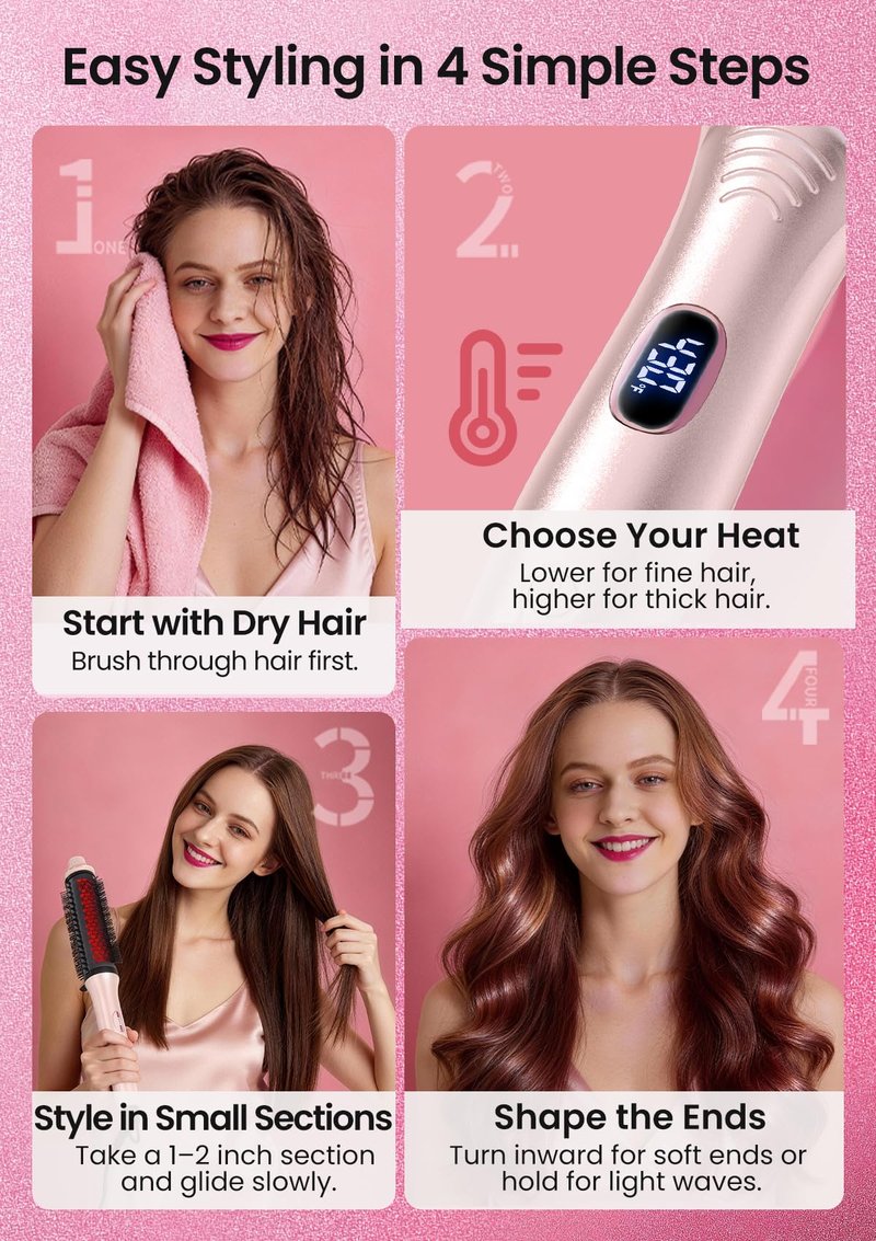 Infrared Thermal Brush 1.65”, 100M Negative Ions 2-in-1 Curling, Straightening & Smoothing Round Brush, 6 Heat Settings with LED Display, Lightweight Quiet, Dual Voltage, Auto Shut-Off, Pink Gift Box