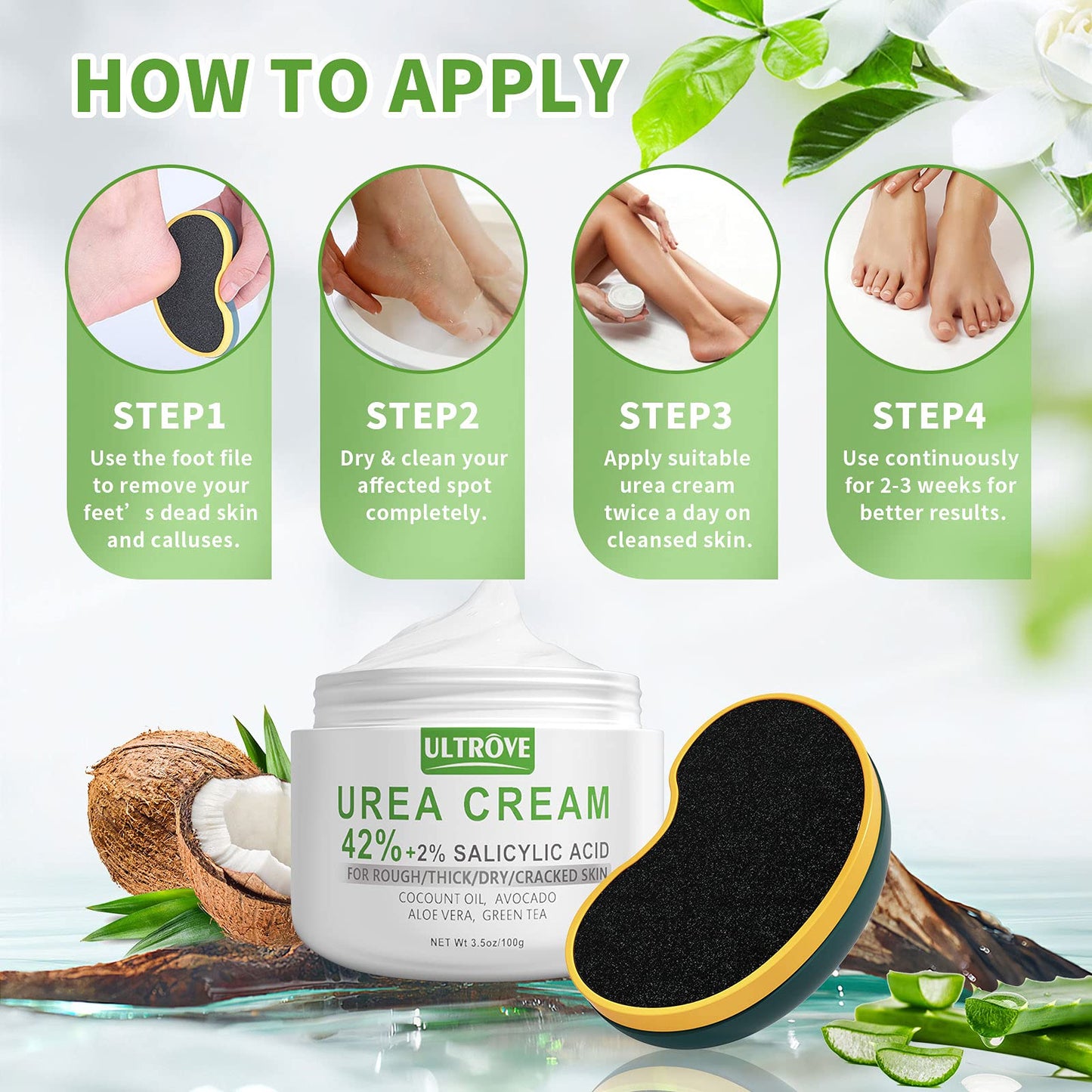 Ultrove Urea Cream 42% - 2% Salicylic Acid Foot Moisturizer - Callus & Dead Skin Remover, Repairing Foot File, 3.5 oz