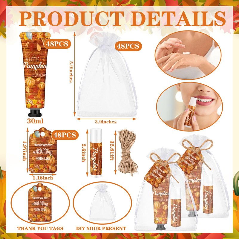 Swiffen 48 Sets 192 Pcs Thanksgiving Pumpkin Hand Cream and Lip Balm Fall Party Favors Gifts for Guests Pumpkin Bridal Baby Shower Wedding Party Favor with Thank You Card Organza Bags Travel Size