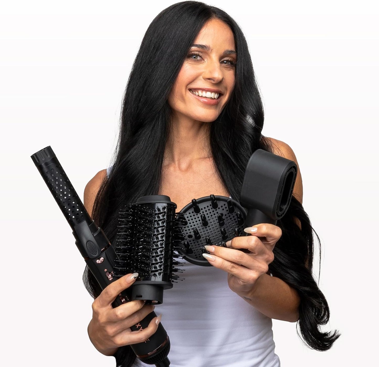 Foxybae 4-in-1 Blow-Dryer Brush Set - Curling Barrel & Diffuser for Frizz-Free Hair | Black Rose-Gold