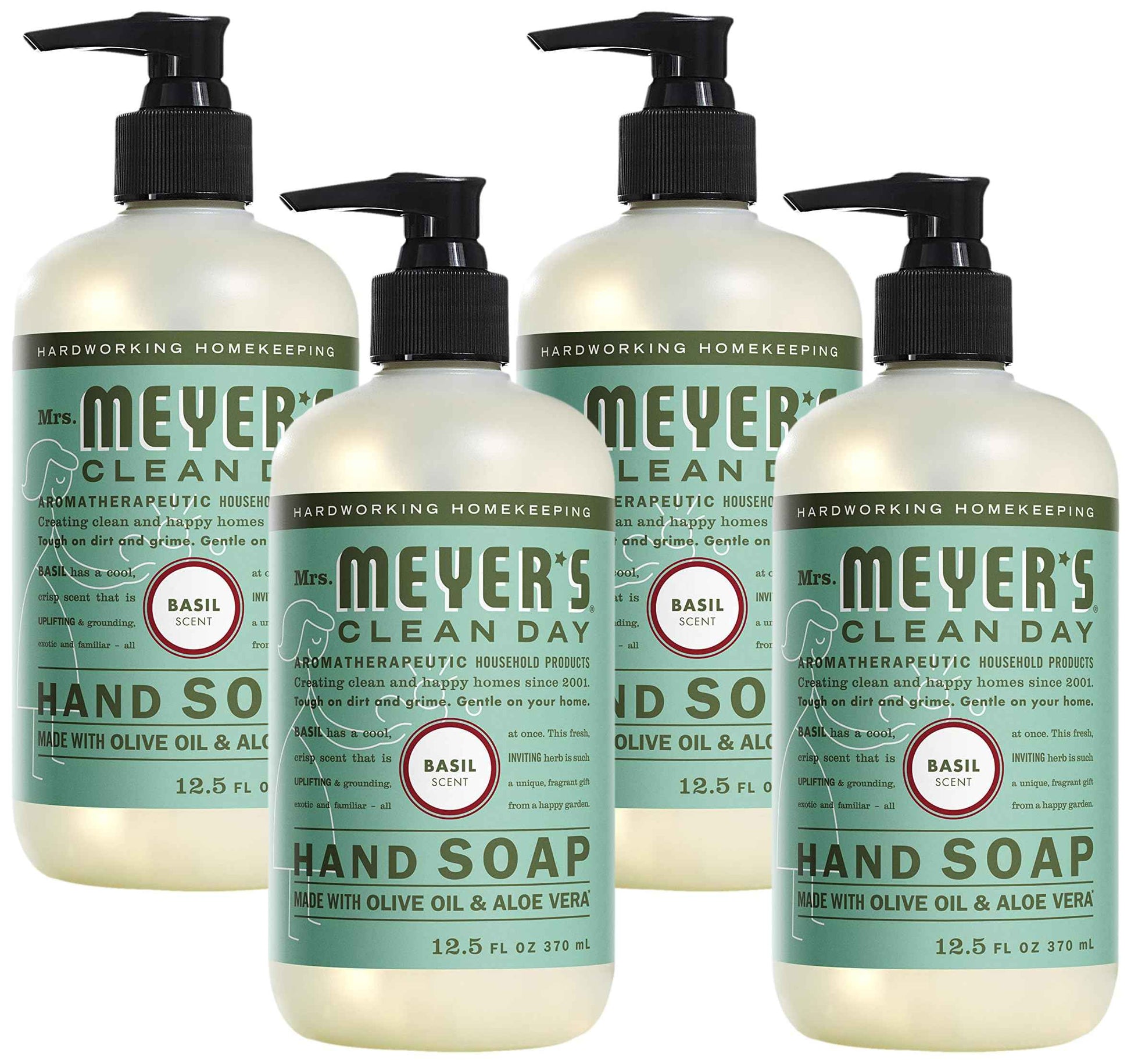 MRS. MEYER'S CLEAN DAY Hand Soap, Made with Essential Oils, Biodegradable Formula, Basil, 12.5 fl. oz (Pack of 4)