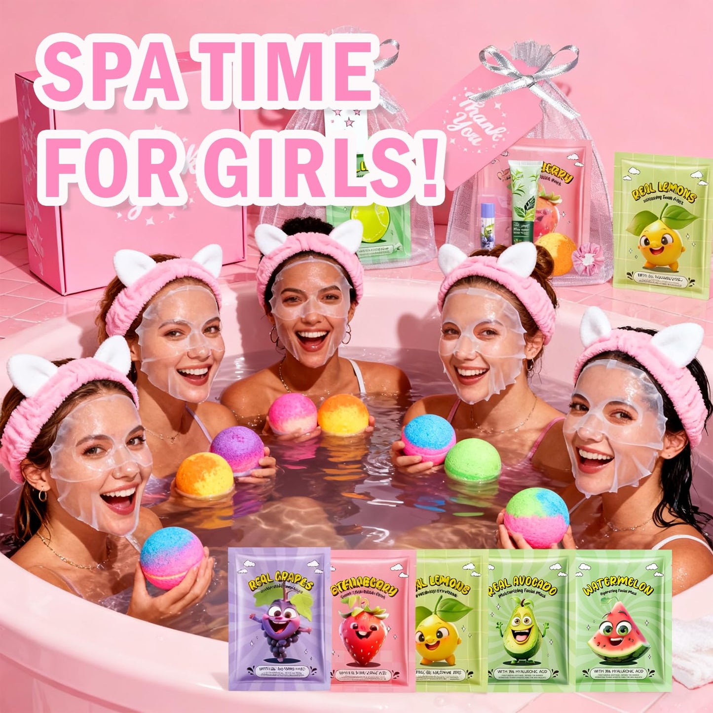 55PCS Spa Party Supplies for Girls, Spa Party Favors Face Masks, Hand Cream, Lip Balm, Lip Mask, Under Eye Patches, Foot Bath Bombs, Spa Birthday Sleepover Party Supplies, Spa Gifts for Women