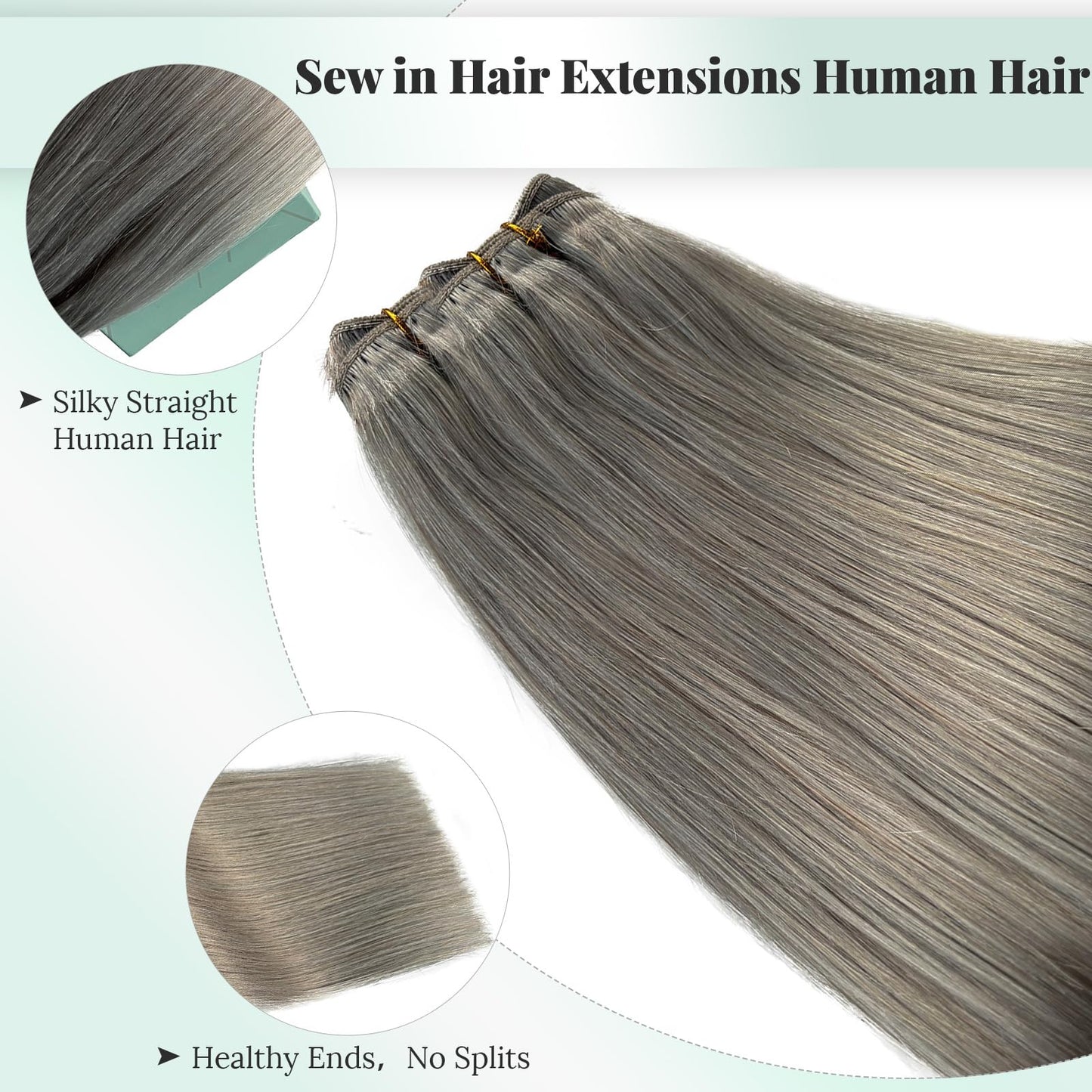 12 Inch Silver Grey Weft Sew in Hair Extensions Real Human Hair Weft Bundles, Hand Tied Silver Gray Sew in Weft Human Hair Extensions, 80G Per Bundle with Thick Full Ends