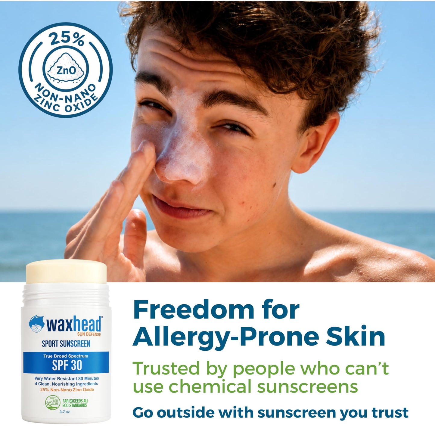 Waxhead Zinc Oxide Sunscreen Stick SPF 30, 4 Ingredients Mineral Sunscreen for Face & Body, EWG 1, Reef Safe Non-Nano, Baby & Kids Sensitive Skin, Water Resistant Sport Tattoo Sunblock, 3.7 oz