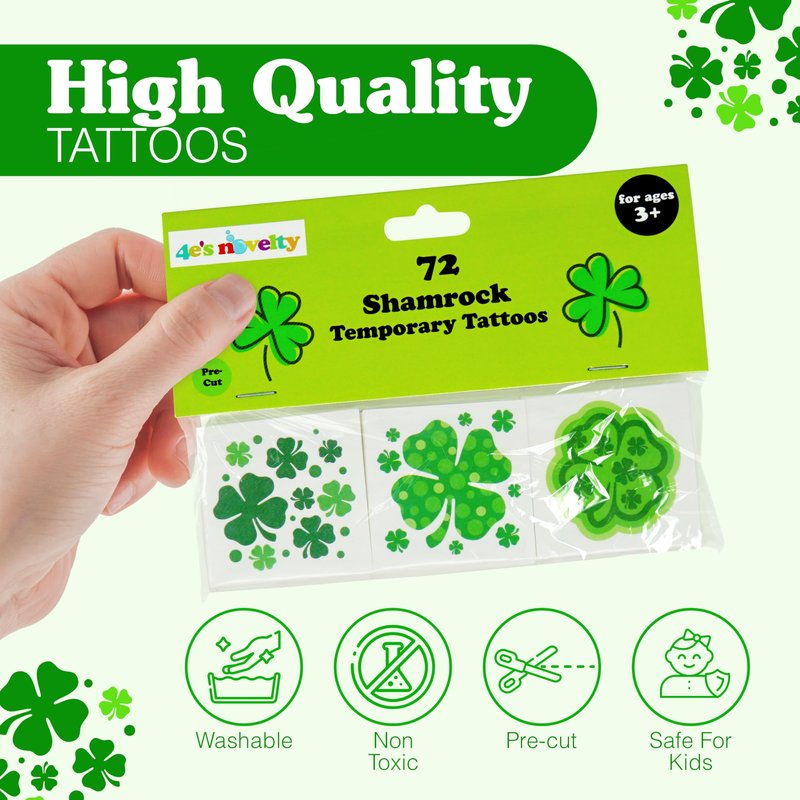 4E's Novelty 72 Shamrock Temporary Tattoos Individually Wrapped Bulk, St Patricks Day Tattoos for Kids, Party Favors for Kids Gifts Adults Face Stickers Saint Pattys Irish Parade Green Accessories