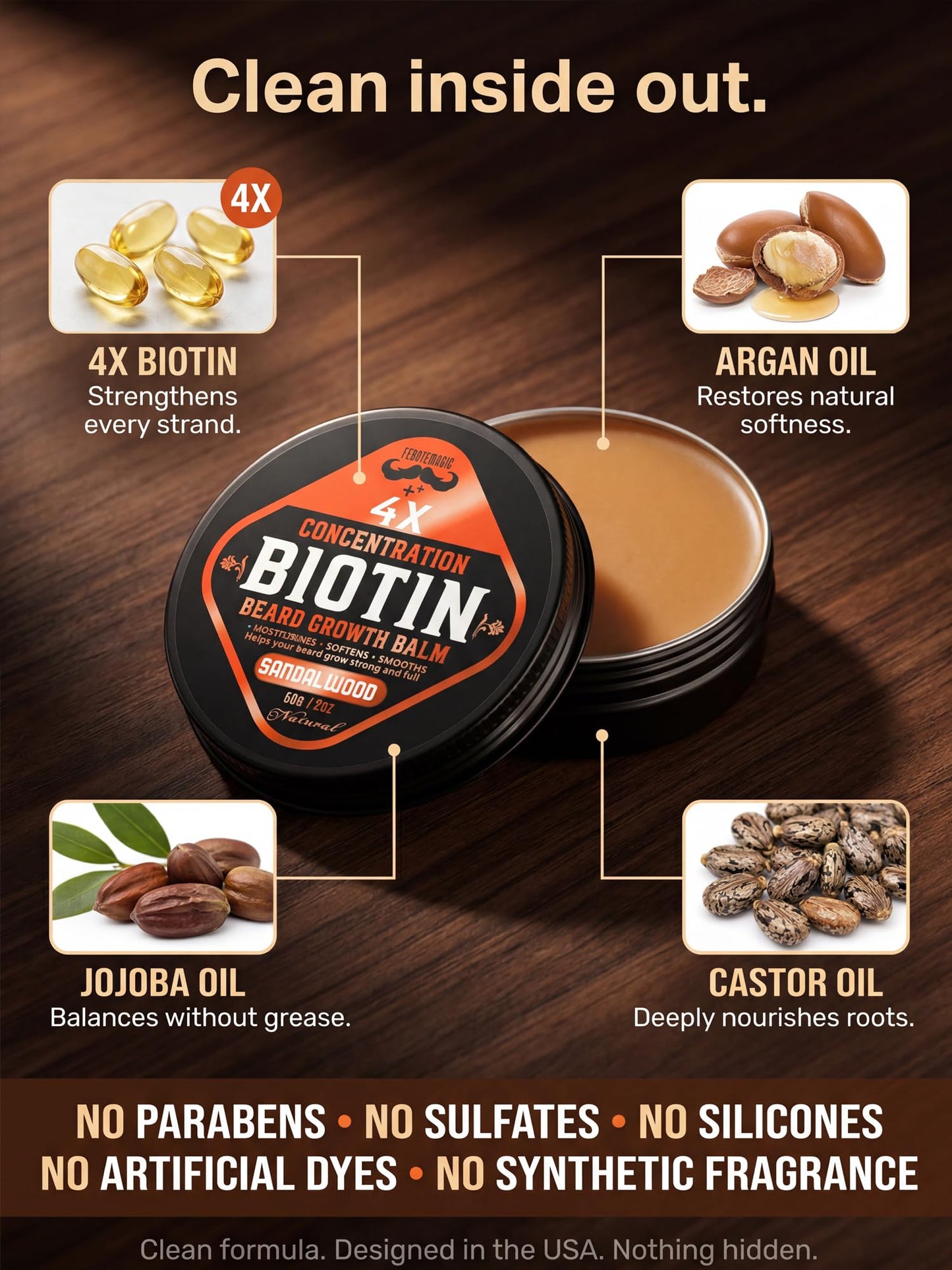 FEBOTE Biotin Beard Growth Balm for Men – Conditioning Balm with Castor, Shea & Jojoba Oils to Condition, Soften & Thicken Facial Hair – Non-Greasy, Sandalwood Scent – 2 oz Grooming Kit