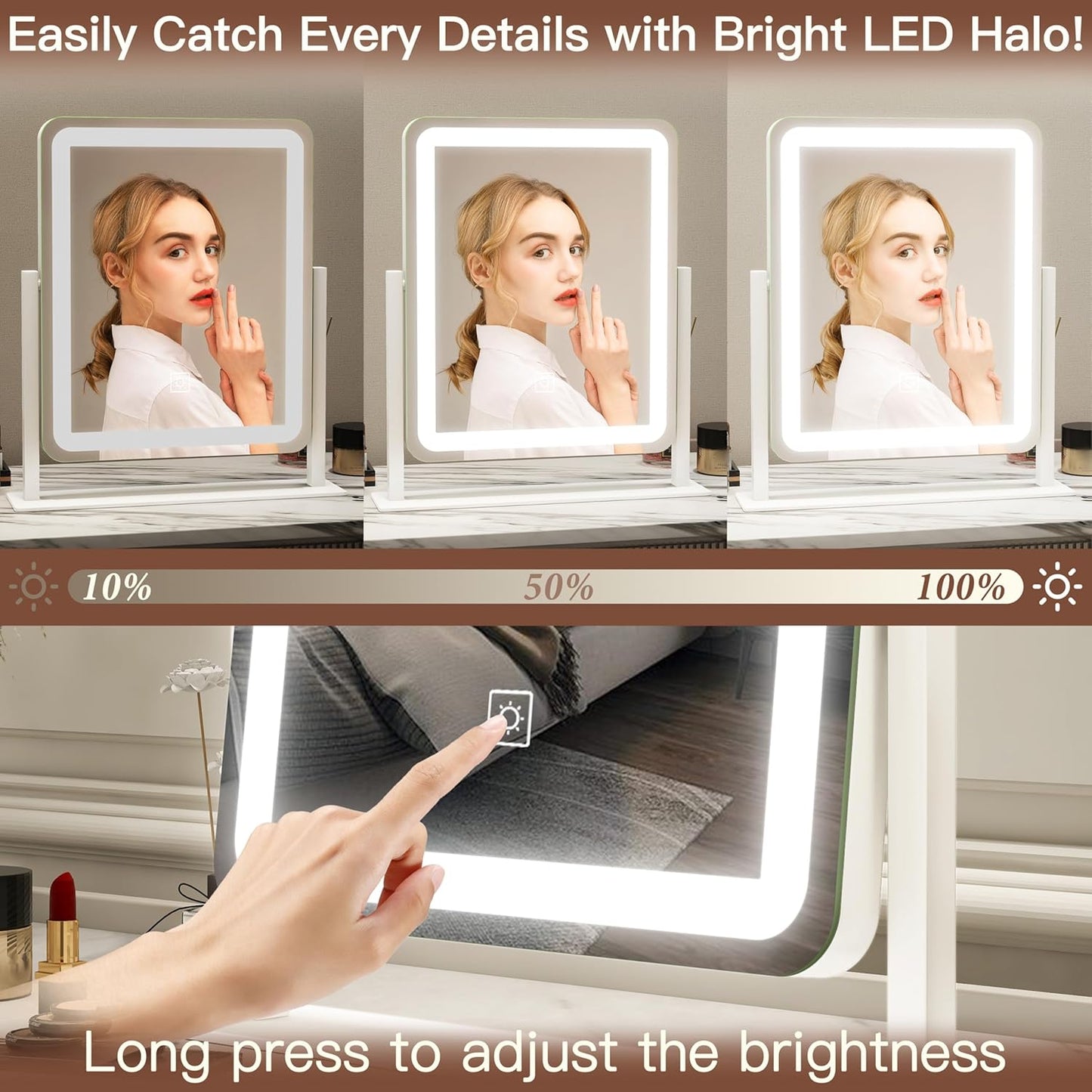 FENNIO LED Lighted Makeup Mirror - 15"x12.6" Touch Screen Vanity Mirror with Dimmable 3-Color Lighting | Perfect for Bedroom & Desk