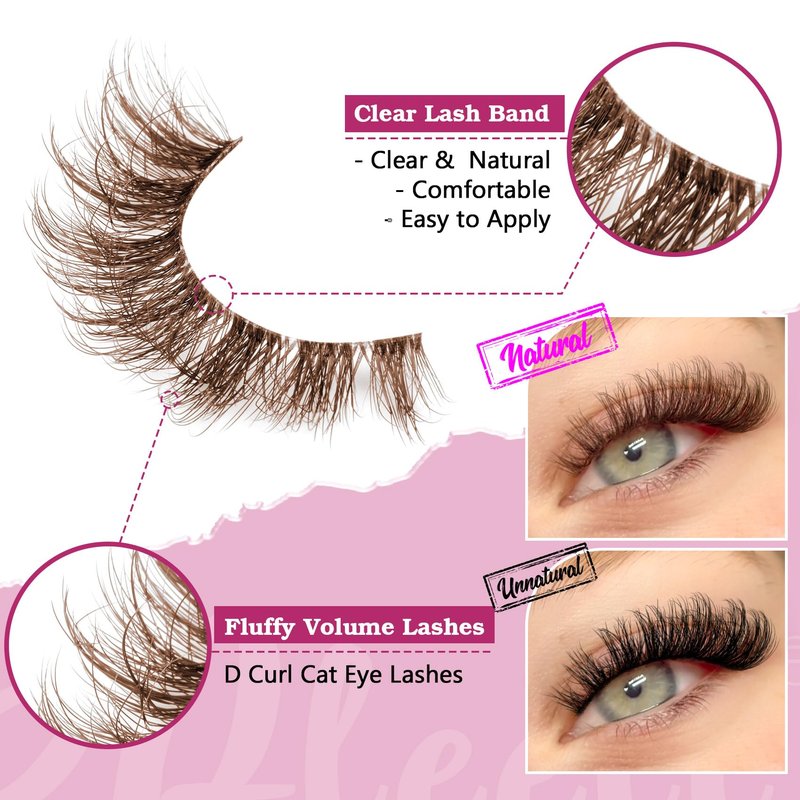 Brown Lashes Natural Look False Eyelashes Faux Mink 6D Wispy Fluffy Eye Lashes DD Curl Fake Eyelashes 9 Pairs Pack