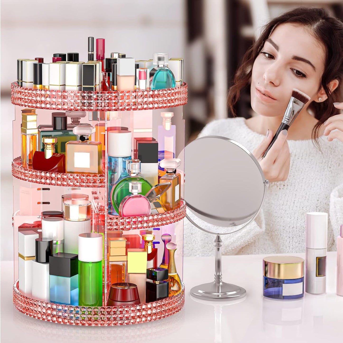 Famitree Pink 360 Makeup Organizer Carousel, Organizador De Perfumes, Acrylic Make Up Organizer, Large 7 Layers 360 Makeup Organizer, Fits Makeup Brushes, Lipsticks, Bathroom, Vanity, Plus Size Pink