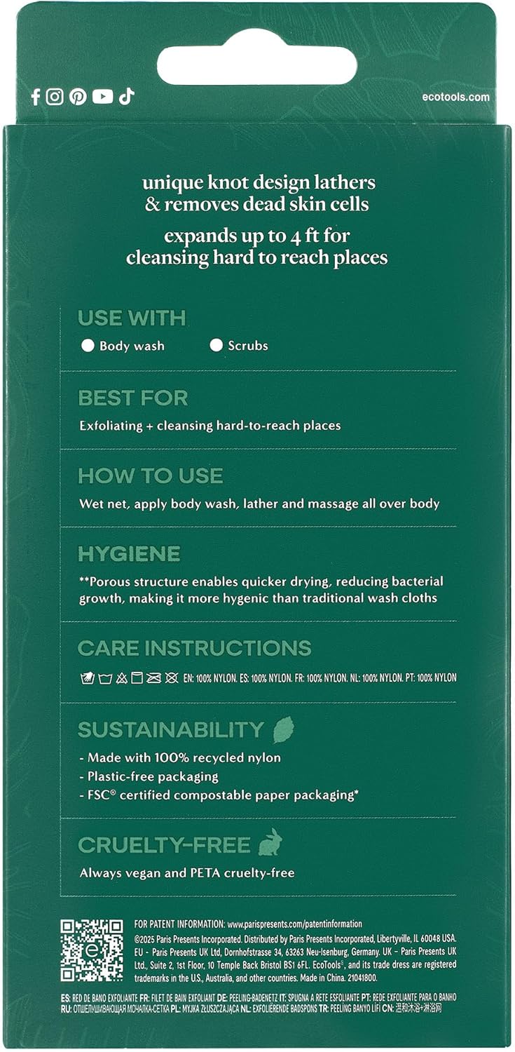 EcoTools Exfoliating Bath Net, Inspired by African Bath Net Sponge, Exfoliates & Cleanses Whole Body, Flexible & Reusable, Eco-Friendly Body Scrubber, Vegan & Cruelty-Free, 1 Count