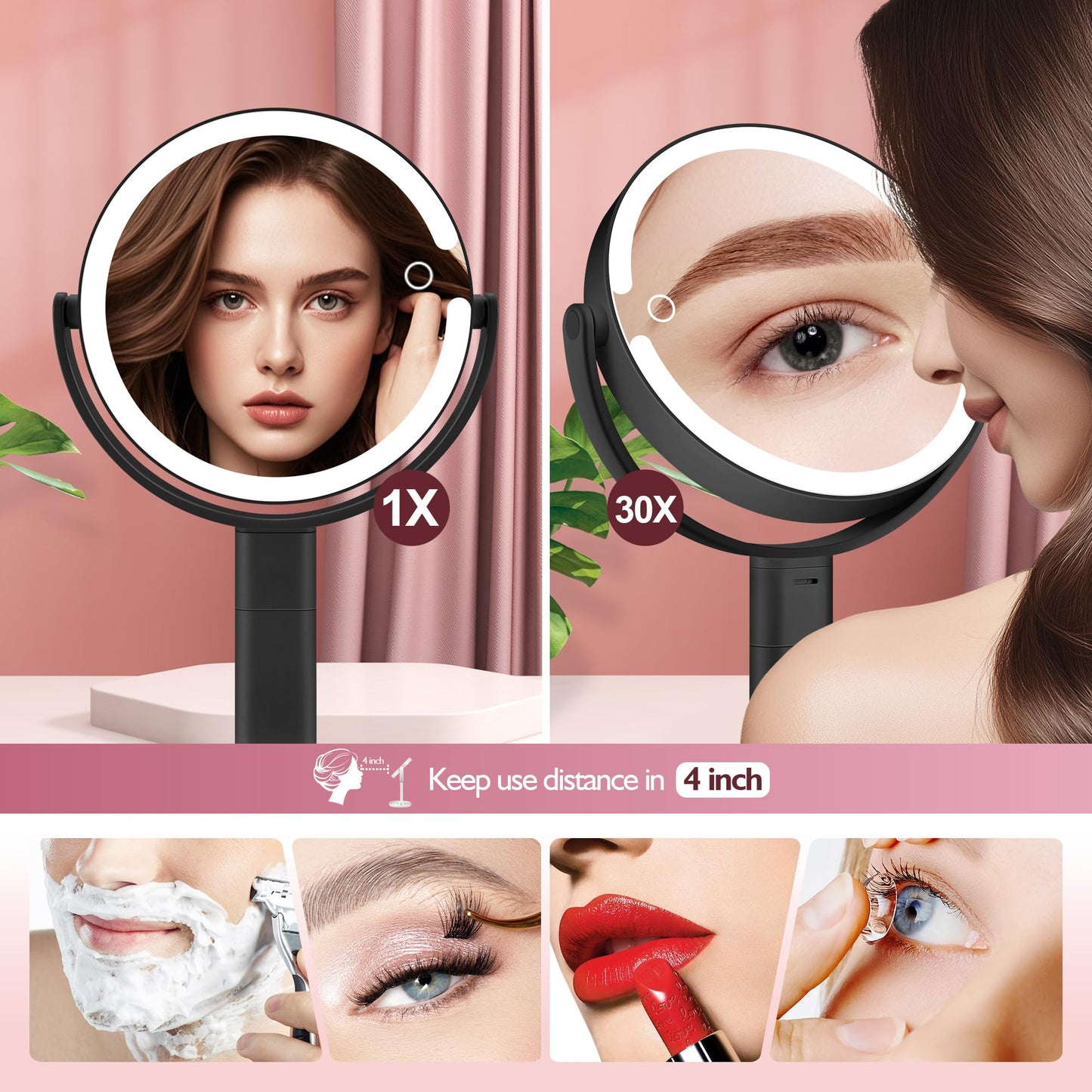 MOMOKUBA Makeup Mirror with Lights, 30X Magnifying & Height Adjustable, Lighted Magnifying Mirror with 3 Light Modes & Stepless Dimming, Vanity Mirrors for Bathroom, Birthday Gift for Women, Rosegold