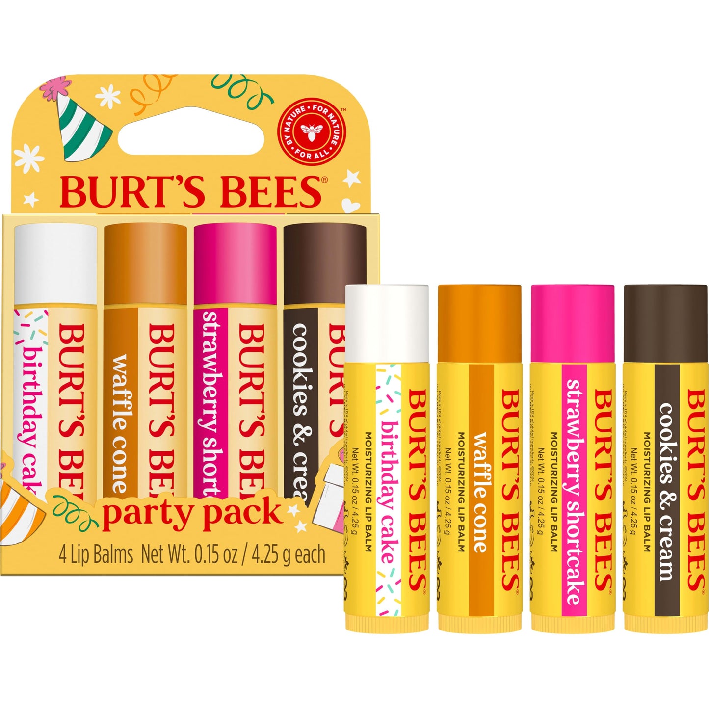 Burt's Bees Lip Balm Party Pack, Birthday Cake, Waffle Cone, Strawberry Shortcake, and Cookies & Cream, All Day Moisturizer, Tint-Free, Natural Origin Conditioning Lip Treatment, 0.15 oz., Four Tubes