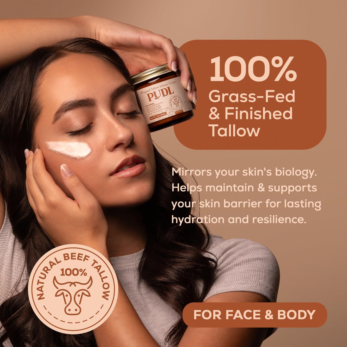 PUDL Whipped Beef Tallow Face Cream with Manuka Honey – Grass Fed Grass Finished Tallow Balm with Organic Jojoba & Olive Oil – Natural Face & Body Moisturizer for Sensitive Skin, Made in USA, 3 oz