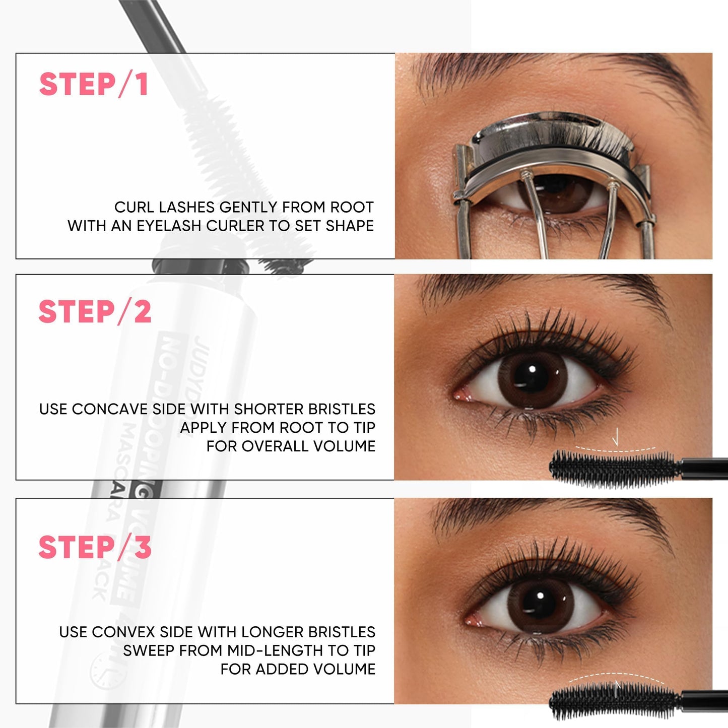 JUDYDOLL No-Drooping Volume Mascara Black, 40h Long-lasting, Smudge-Proof, Clump-Free, Waterproof Volumizing Mascara, Infused with Squalane, Strengthen and Protect Lashes