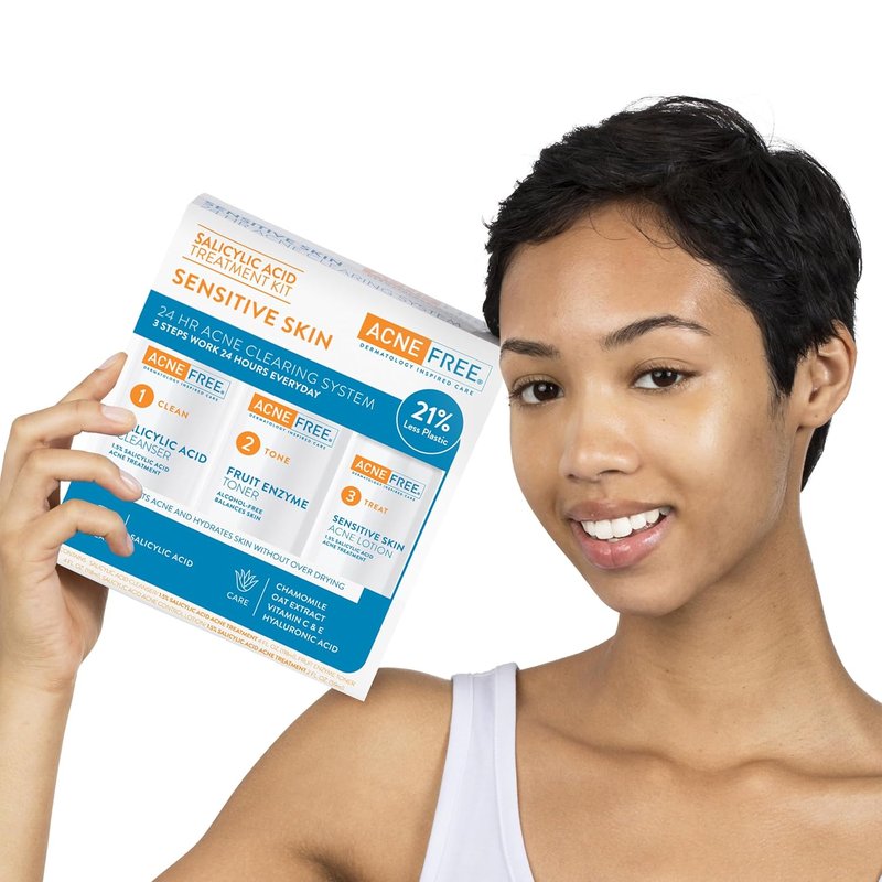 AcneFree 24Hr Acne Clearing System | 3-Step Kit with 1.5% Salicylic Acid for Sensitive Skin - Gentle Cleanser, Toner & Lotion
