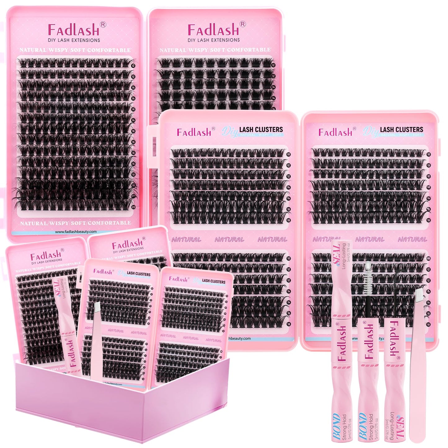 DIY Lash Extension Kit Bulk Packs D Curl Volume Eyelash Clusters Wispy Natural Individual Eyelashes with Lash Bond and Seal, and Lashes Tweezers for Beginners