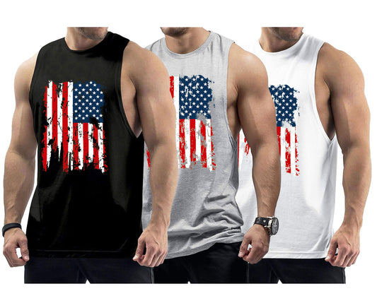Men's Workout Tank Tops Sleeveless Gym Cut Off Tee Bodybuilding Fitness Muscle American Flag Shirt- BK+GY+WT-M