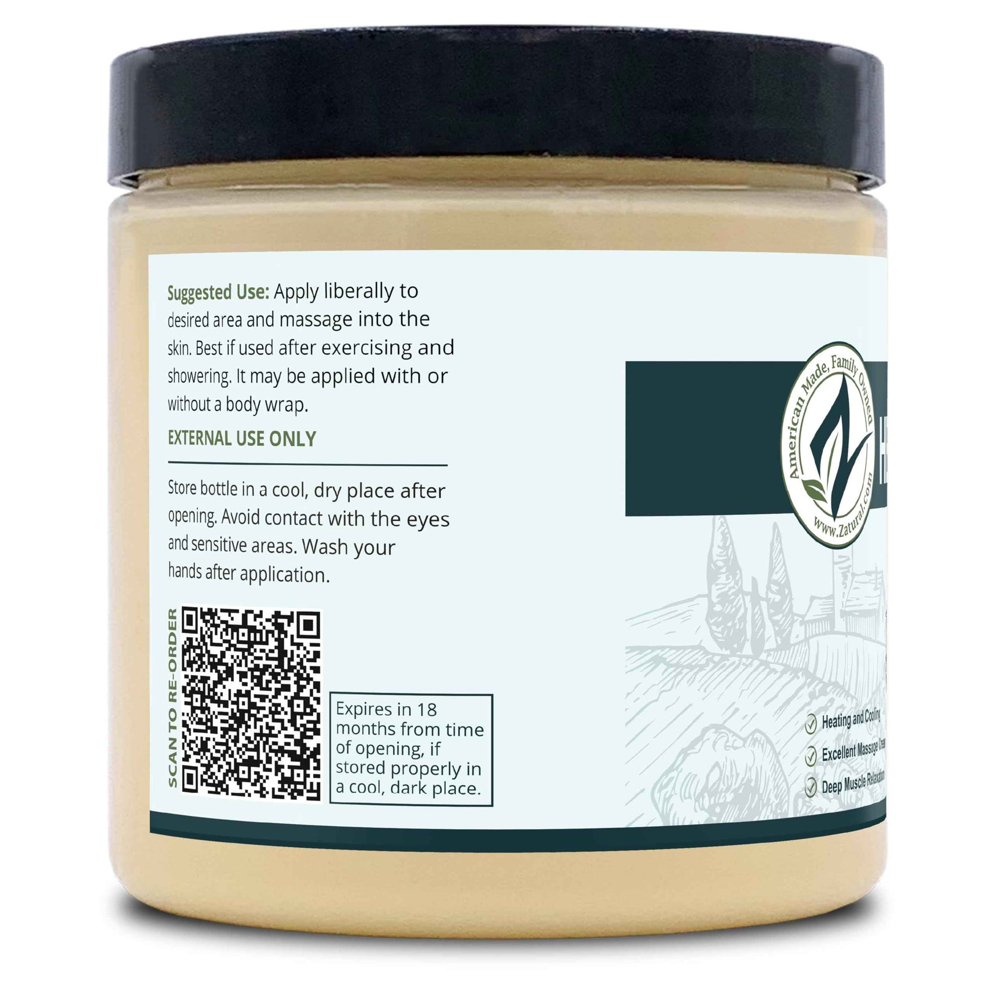 Zatural Hemp Hot Cream Massage Joints and Muscles and Body Wraps Essential Oil Blend, Aloe, Hemp, and More (8oz jar)