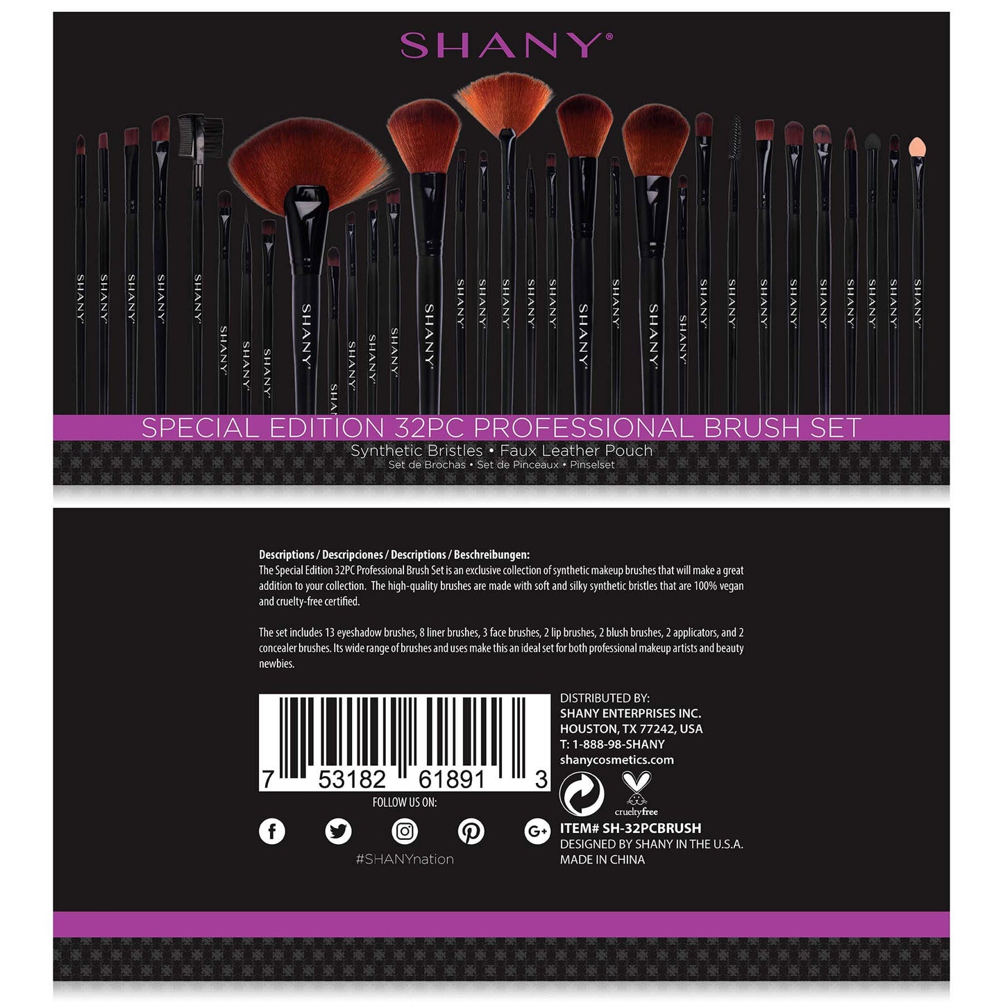 SHANY Makeup Brushes Premium Synthetic Foundation Powder Concealers Eye Shadows Cosmetics Brush Set with Faux Leather Pouch and Instruction sheet, 32 Count