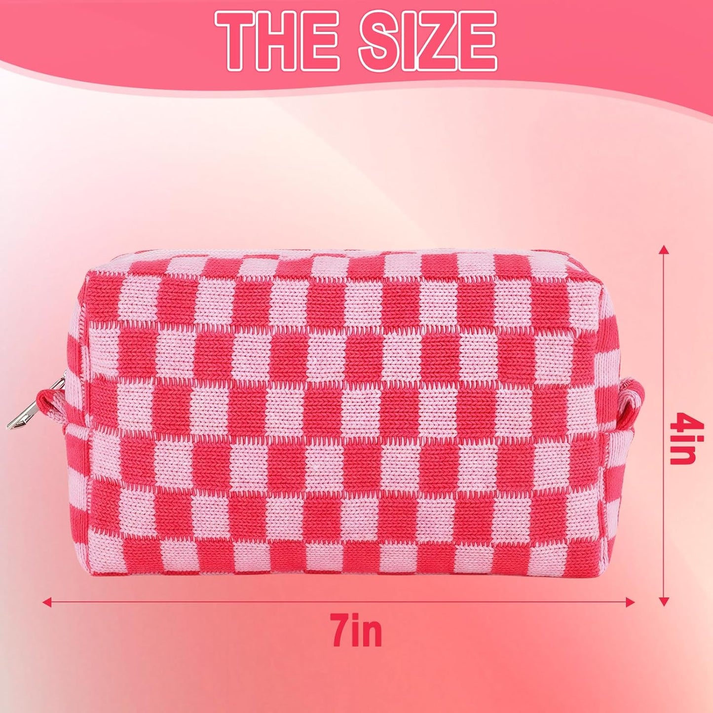 Checkered Pencil Case Set - Cute 6-Piece Pouch for Teens | Pink Medium Makeup & Travel Organizer