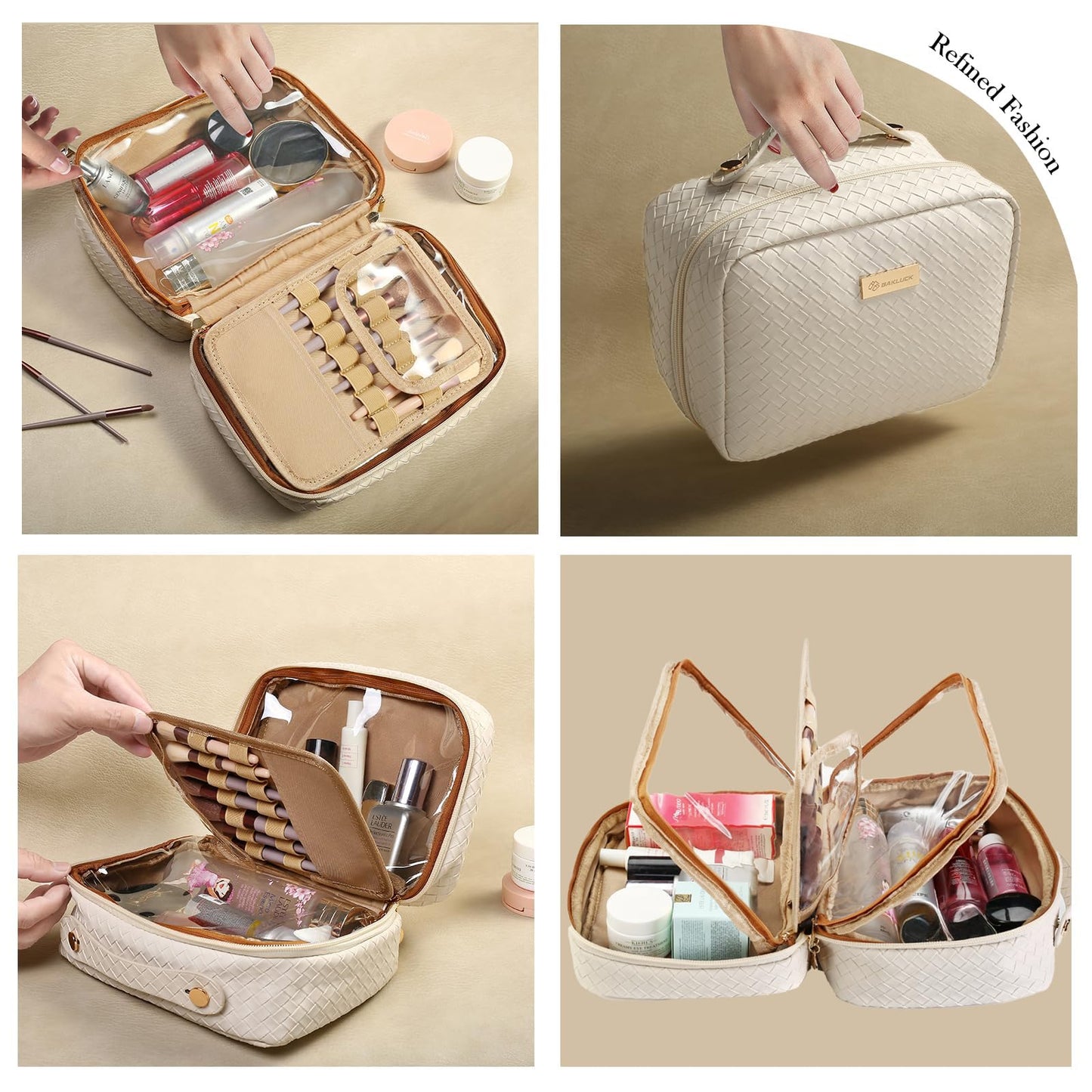 BAKLUCK Travel Makeup Bag Large Capacity Cosmetic Bags with Clear Double Sided, Checkered Makeup Bag with Makeup Brush Compartments, PU Waterproof Leather Makeup Organizer Bag for Women, Beige