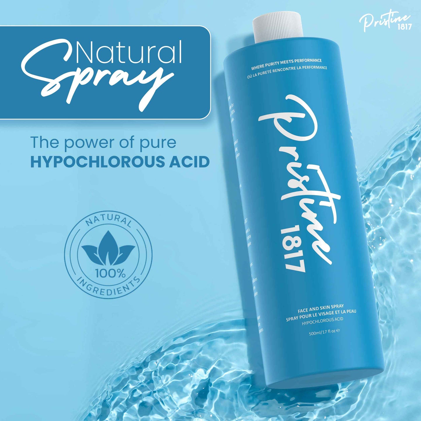 Pristine 1817 Hypochlorous Acid Spray 0.016% - 500 ml (16.9 fl oz) - Gentle, Versatile Mist for Face & Body