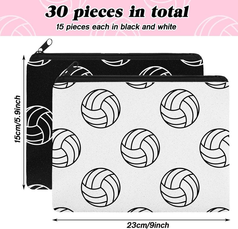 Volleyball Cosmetic Bags - 30 Pcs Travel Pouch Set for Women | Canvas Makeup Bags for Teams (Black & White)