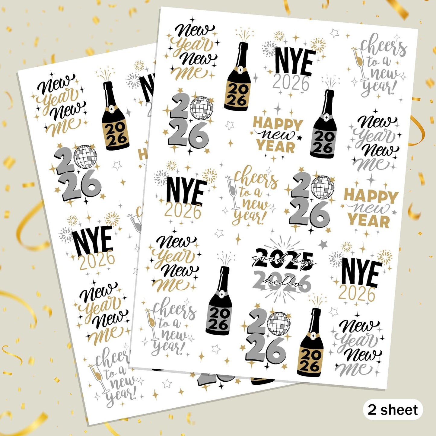 Ovasorve New Years Eve Party Supplies 2026 Temporary Tattoos 40 Gold Silver Foil Styles NYE Party Favors Happy New Years Decorations 2026 NYE Decor