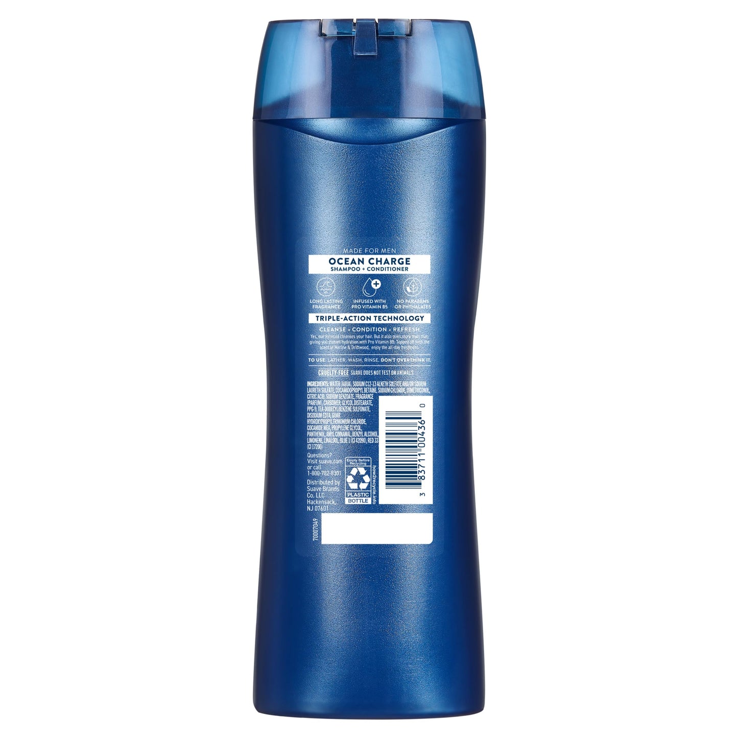 Suave Men Ocean Charge 2 in 1 Refreshing Shampoo & Conditioner with Pro Vitamin B5, Hydrates & Revitalizes Hair, Ocean Fresh Scent, 6 Count, 12.6 FL OZ