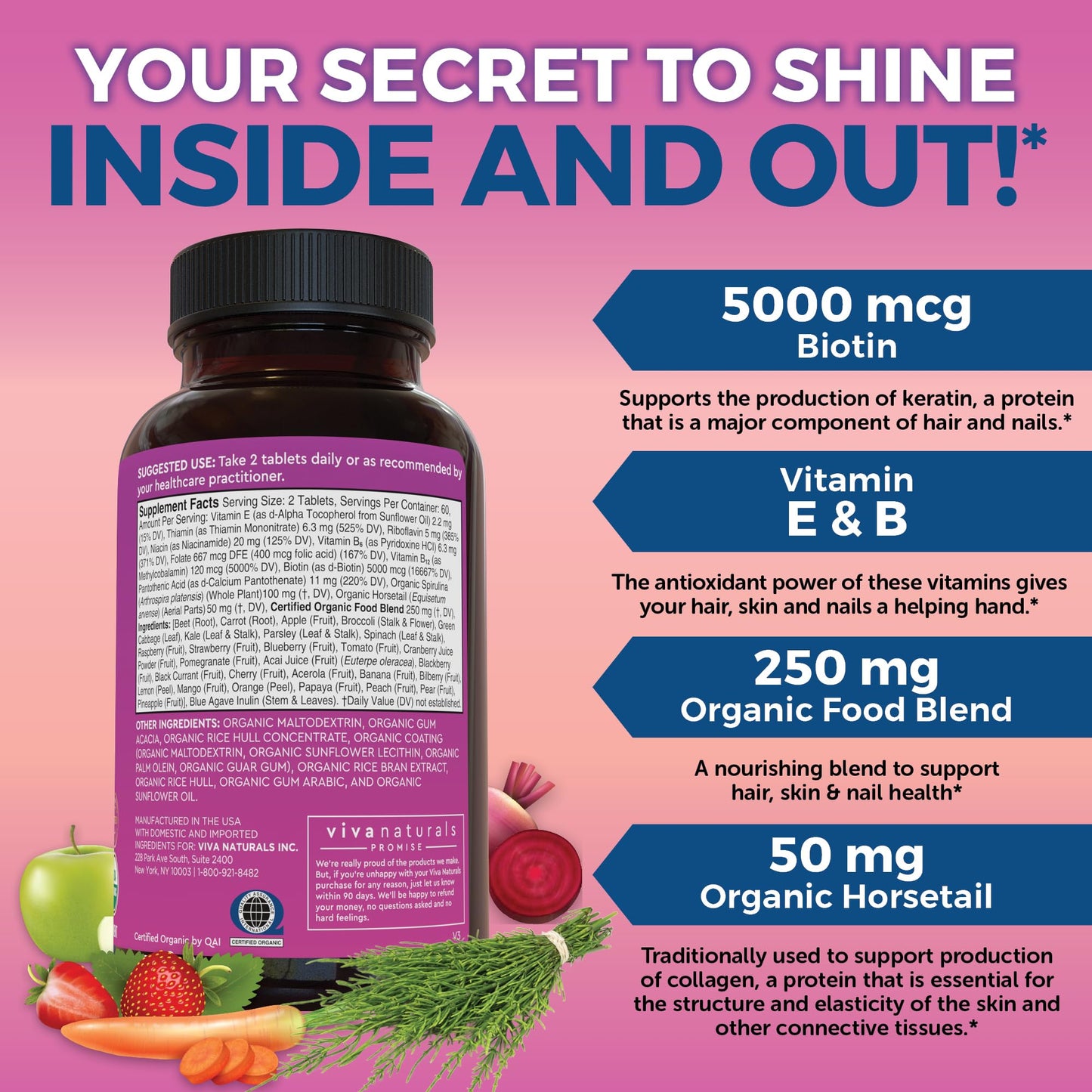 Biotin 5000 mcg Hair Skin Nails Vitamins for Women – Organic and Vegetarian-Friendly Supplement with Vitamin E, B-Vitamins, Spirulina, Horsetail and Superfood Blend to help Produce Keratin –120 Count
