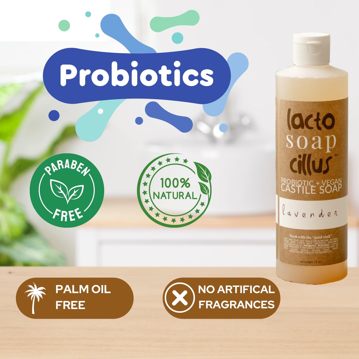 Elemental Wellness, Castile Soap Liquid - Lactosoapcillus, Organic, Probiotic, Vegan, Natural, Lavender Scent Body Wash - Multi-Purpose Liquid Soap, Plant Based Ingredients - (16 oz)