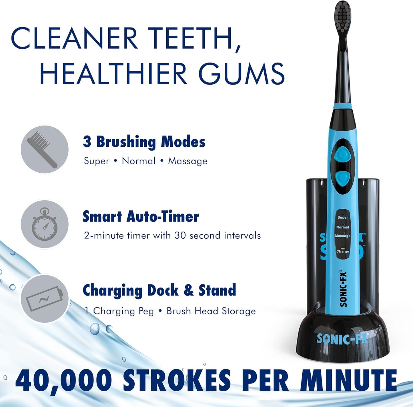 Sonic-FX Solo Electric Toothbrush - 10 Brush Heads, Charcoal Bristles, Rechargeable | Smart Timer, 3 Modes, Blue