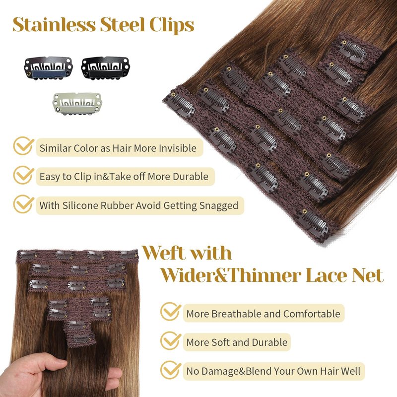Mocona Clip in Hair Extensions Real Human Hair, 12 Inch 7pcs 70g/Pack - Ombre Chocolate Brown to Caramel Blonde, Soft Hair Extensions Real Human Hair Clip ins Straight for Women (12 Inch)