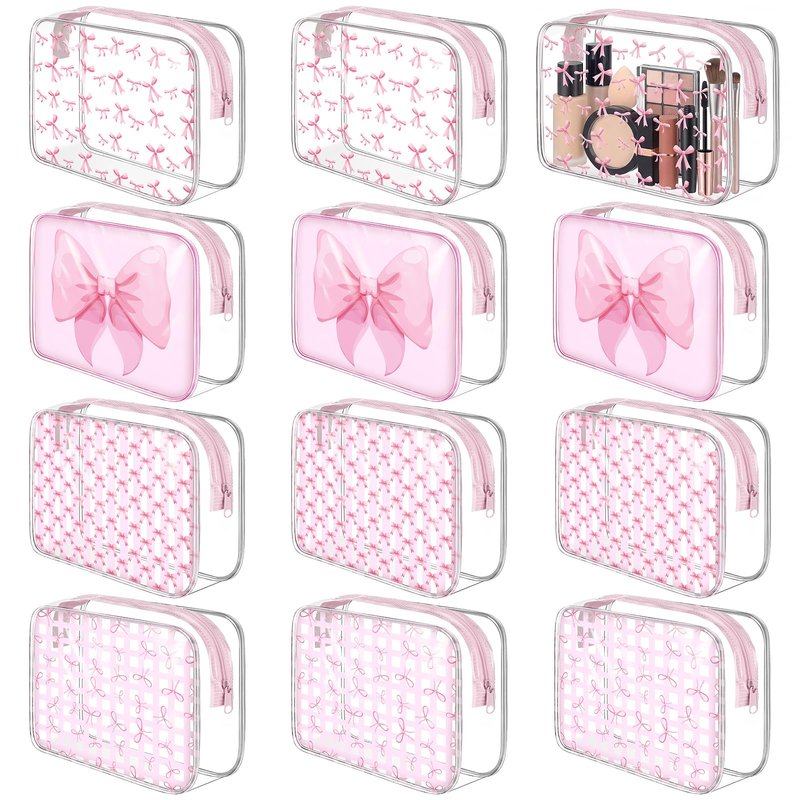 Sunnymove 12 Pcs Pink Bow Makeup Bags Bulk for Women Clear PVC Coquette Cosmetic Bag with Zipper Travel Toiletry Pouch Pink Bow Gifts for Birthday Coquette Party Favor Storage Accessories
