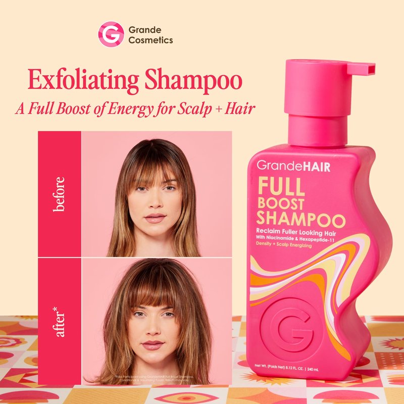 Grande Cosmetics GrandeHAIR Peptide Shampoo - Cleanses, Exfoliates & Reduces Fallout, Sulfate-Free - for Fuller-Looking Hair - Travel Size (2 fl oz)
