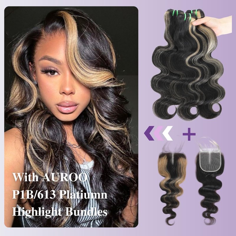 Honey Blonde Highlight 4x4 Lace Closure - 100% Virgin Human Hair Body Wave, 16 Inch, Pre-Plucked with Baby Hair, Ombre Design