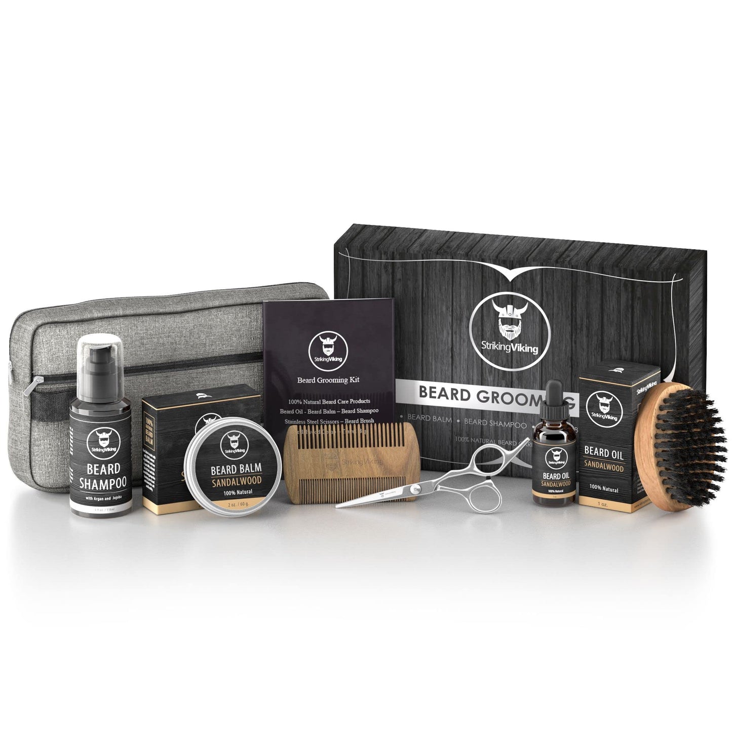 Striking Viking Grooming Kit - Premium Care Products for Men with Beard Shampoo, Oil, Balm Butter, Brush, Wooden Comb, Mustache Scissors & Toiletry Bag