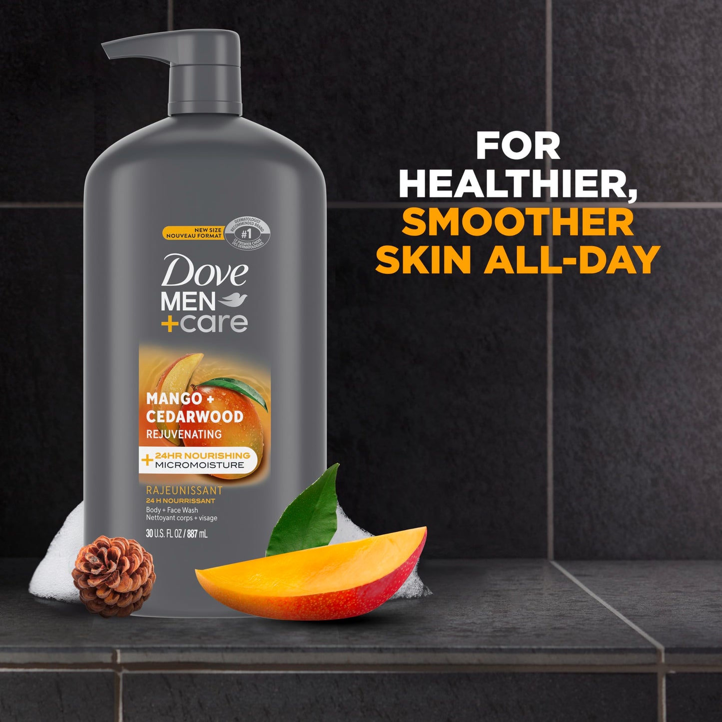 DOVE MEN + CARE Body and Face Wash Rejuvenating Mango + Cedarwood 3 Count for Men, with 24-Hour Nourishing Micromoisture Technology, 30 oz