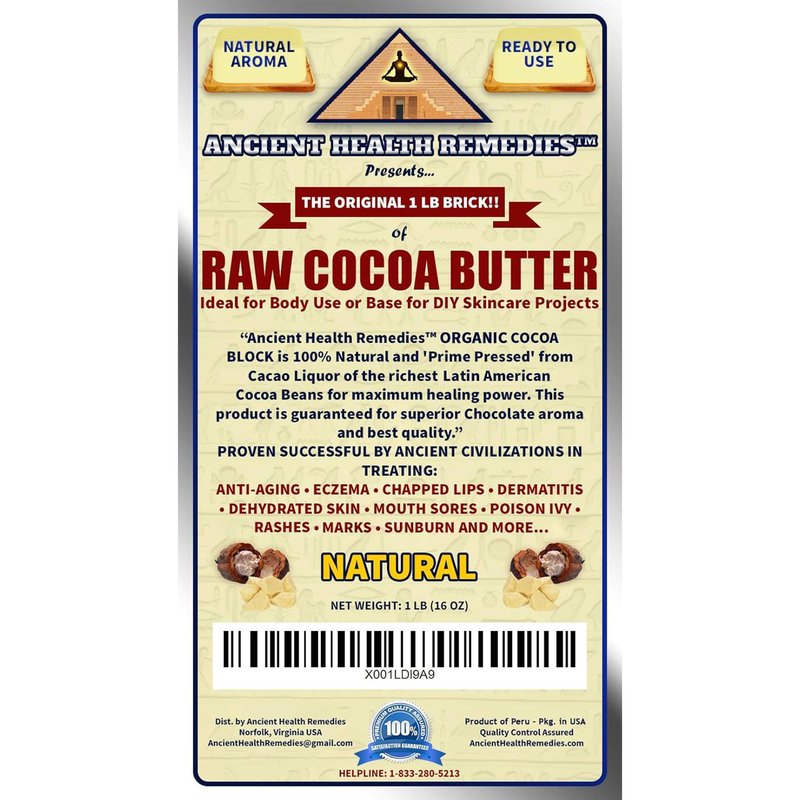 ANCIENT HEALTH REMEDIES Organic Unrefined Raw NATURAL COCOA (CACAO) BUTTER BLOCK Bulk Size Rich Chocolate Aroma For Lip Balms DIY Base for Body Butter (16oz)