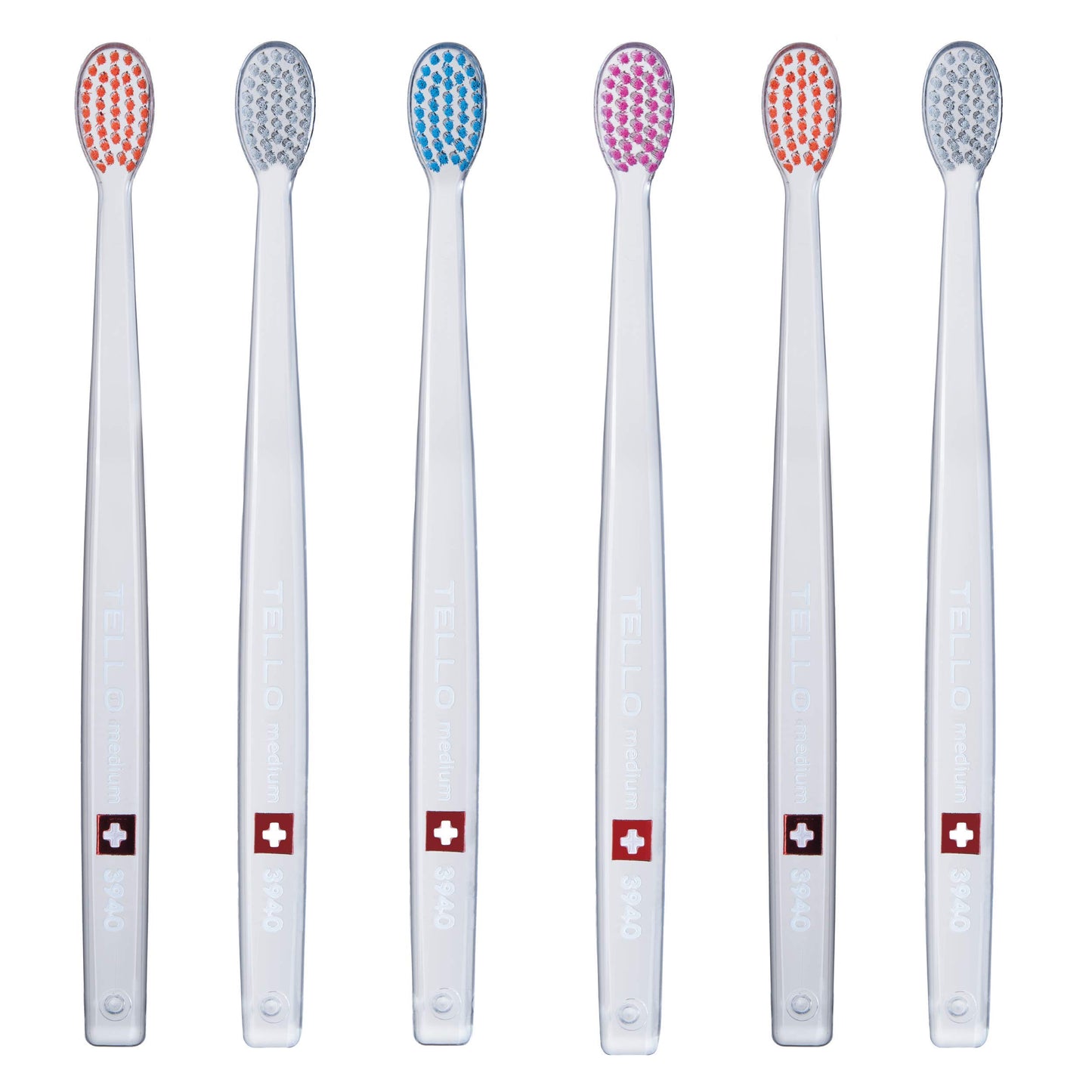 TELLO 3940 Adult Medium Swiss Toothbrush for Gentle Cleaning with Ergonomic Handle, 6 Count