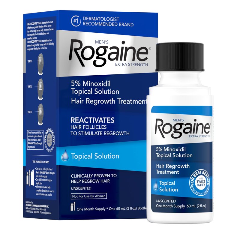 Men's Rogaine Extra Strength 5% Minoxidil Topical Solution for Hair Loss & Regrowth, Topical Treatment for Men, Unscented Minoxidil Follicle Booster Solution, 1-Month Supply, 2 fl. oz