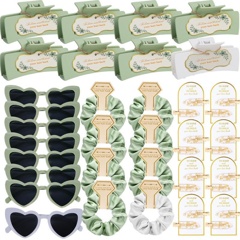 Sage Green Bridesmaid Gifts for Proposal, 8PCS Women Gift Set with Hair Claws, Scrunchies, Makeup Clips & Heart Sunglasses, Wedding Bachelorette Party Favors, Birthday Gifts for Women Teens