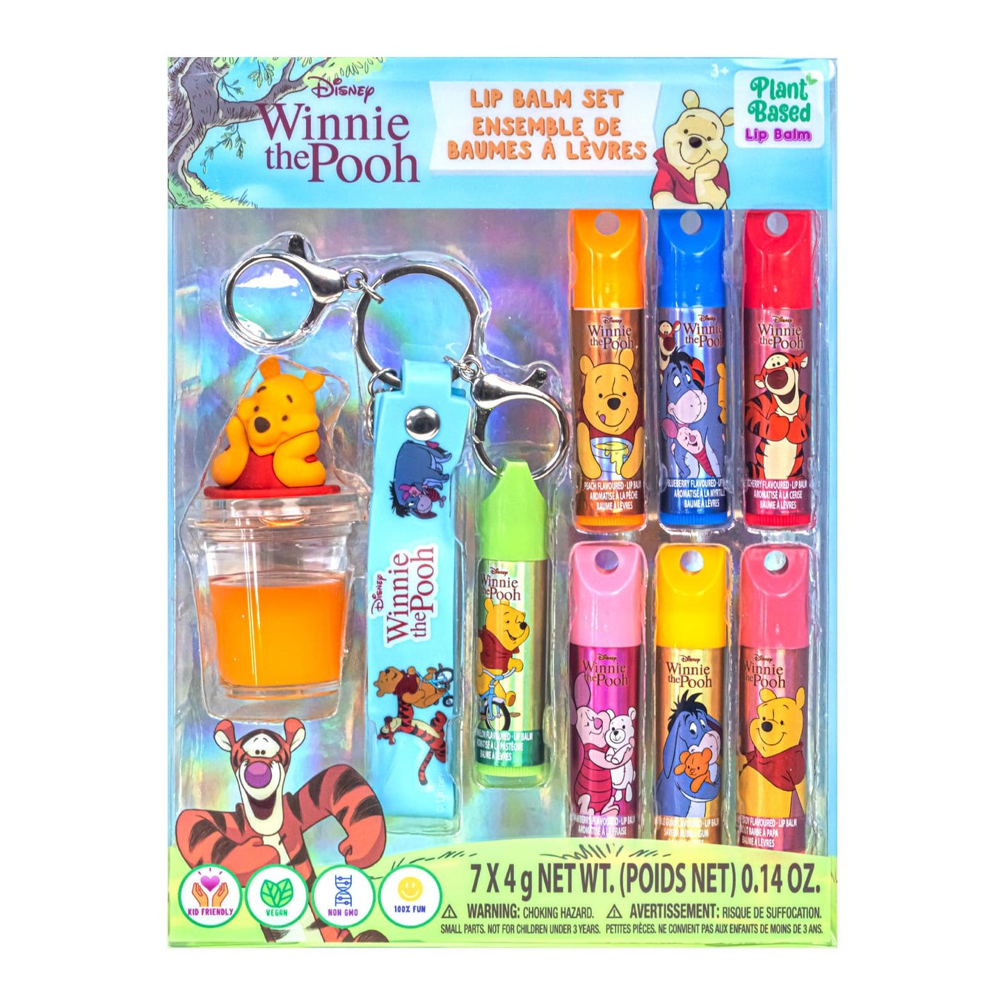 Winnie the Pooh 7 Pack Lip Balm Set with Winnie the Pooh Keychain, Plant Based Kids Lip Balm for Party Favors, Sleepovers and Stocking Stuffers, Ages 3+ by Townley Girl