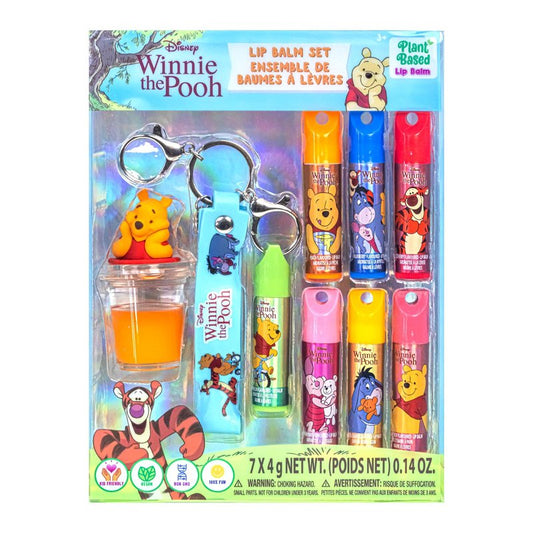 Winnie the Pooh 7 Pack Lip Balm Set with Winnie the Pooh Keychain, Plant Based Kids Lip Balm for Party Favors, Sleepovers and Stocking Stuffers, Ages 3+ by Townley Girl
